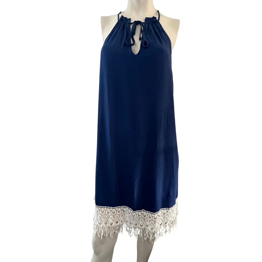 Love Lucy Love Navy Halter Dress‎ L Crochet Lace Trim Sleeveless Casual Coquette